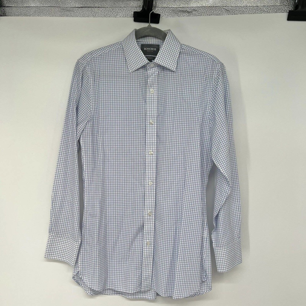 Bonobos Button Up Mens 15 / 32 White Blue Gingham Tailored Slim Fit Wrinkle Free